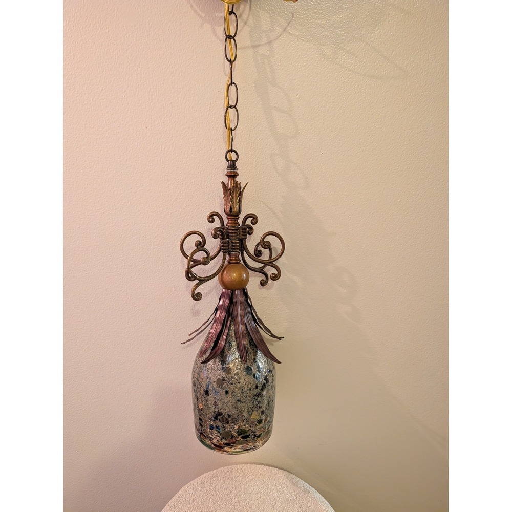 Hollywood Regency hanging SWAG lamp. Vintage MCM.Art Glass Shade.Copper. Unique